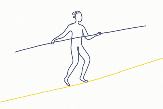 Illustration minimaliste en ligne continue représentant un personnage en équilibre sur un fil tendu, dessiné en bleu sur fond blanc, symbolisant la tension entre présence et pression au travail.