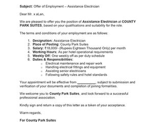 Offer Letter Format | Hotel County Park Suites