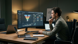 Profissional analisando funil de marketing no computador, com gráficos e automações de CRM indicando problemas antes da geração de leads