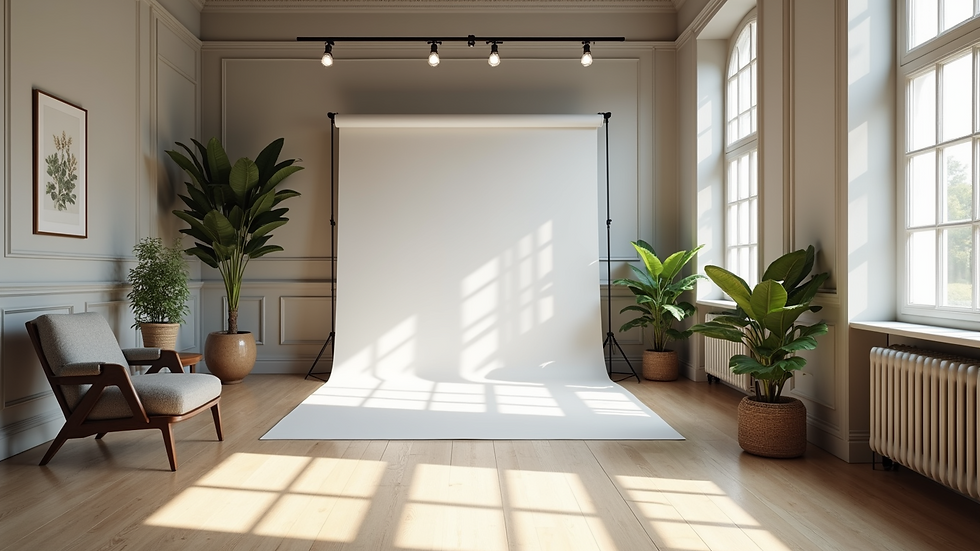 Wide angle view of a stylish studio space with natural light
