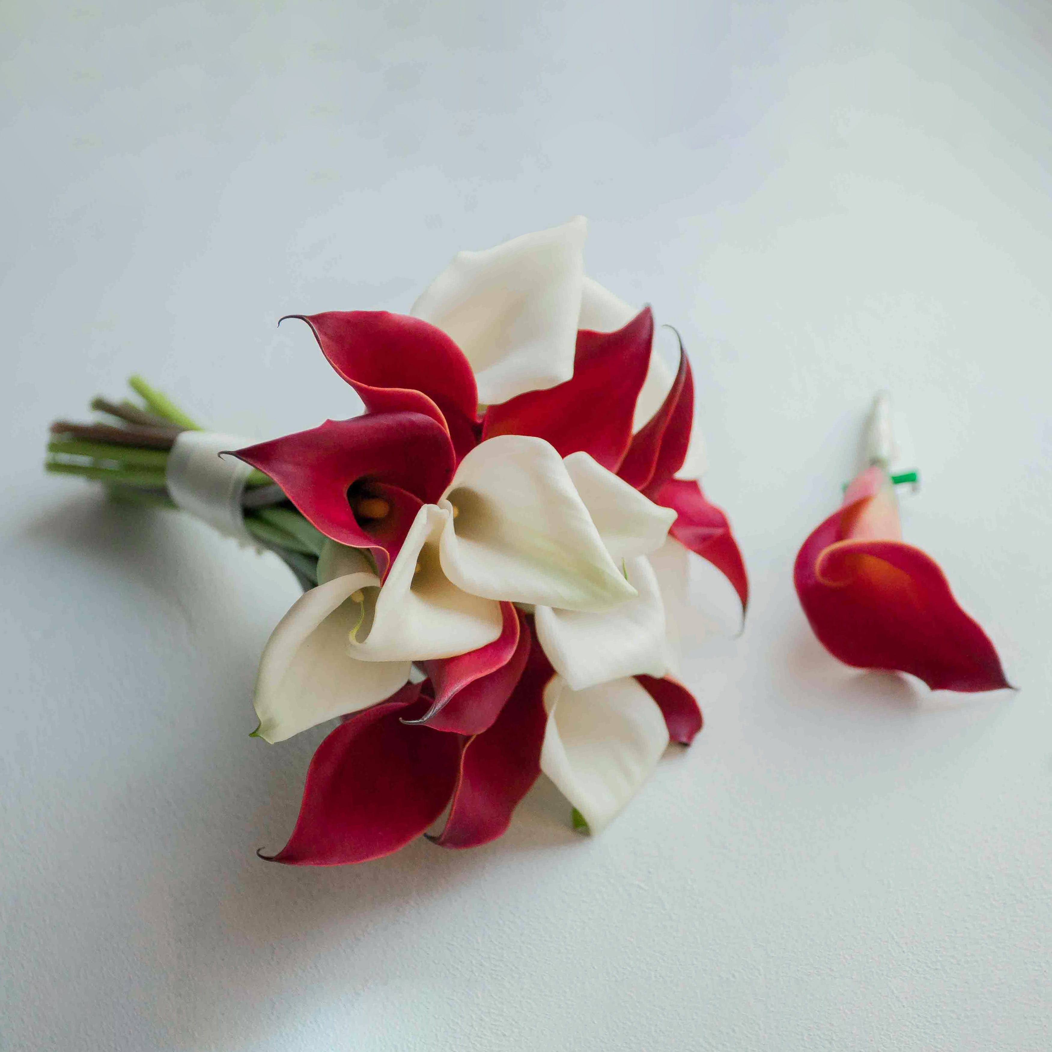 Букет невесты из красно-белых калл