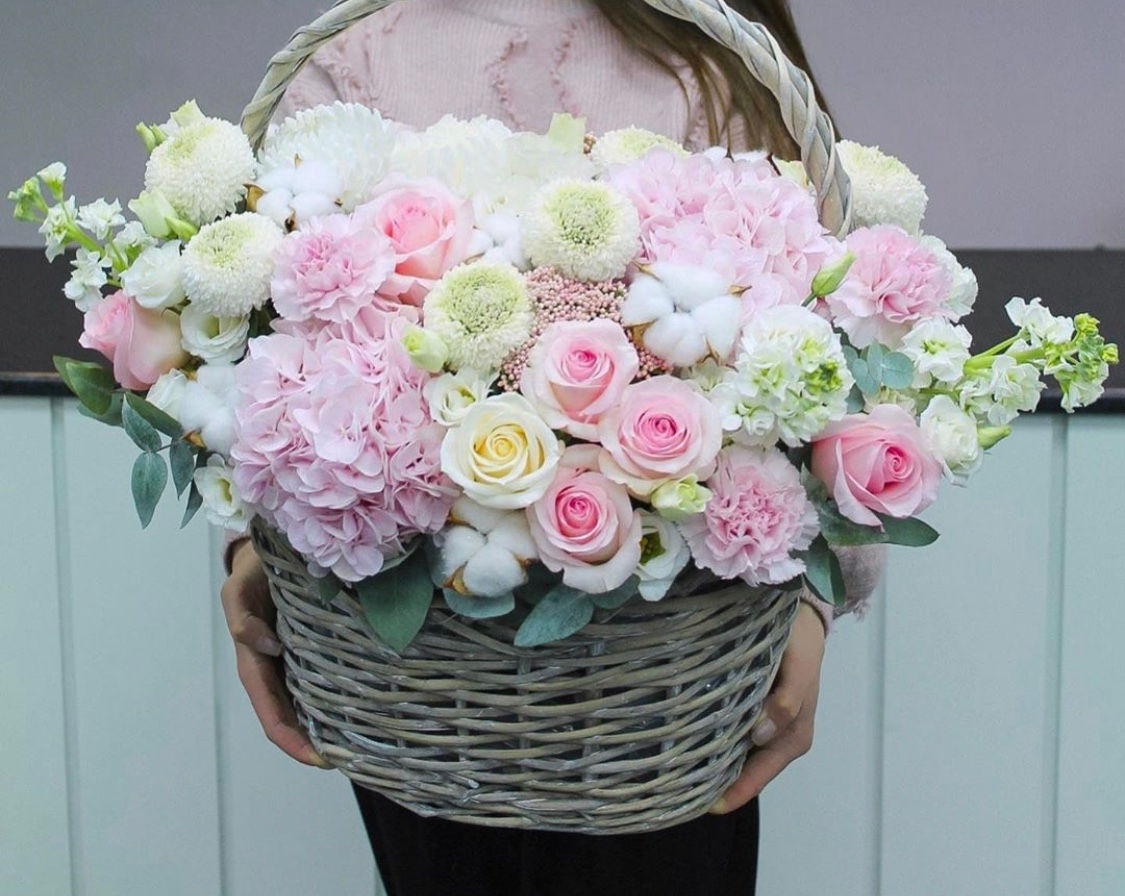 Цветочная корзина в розовых цветах