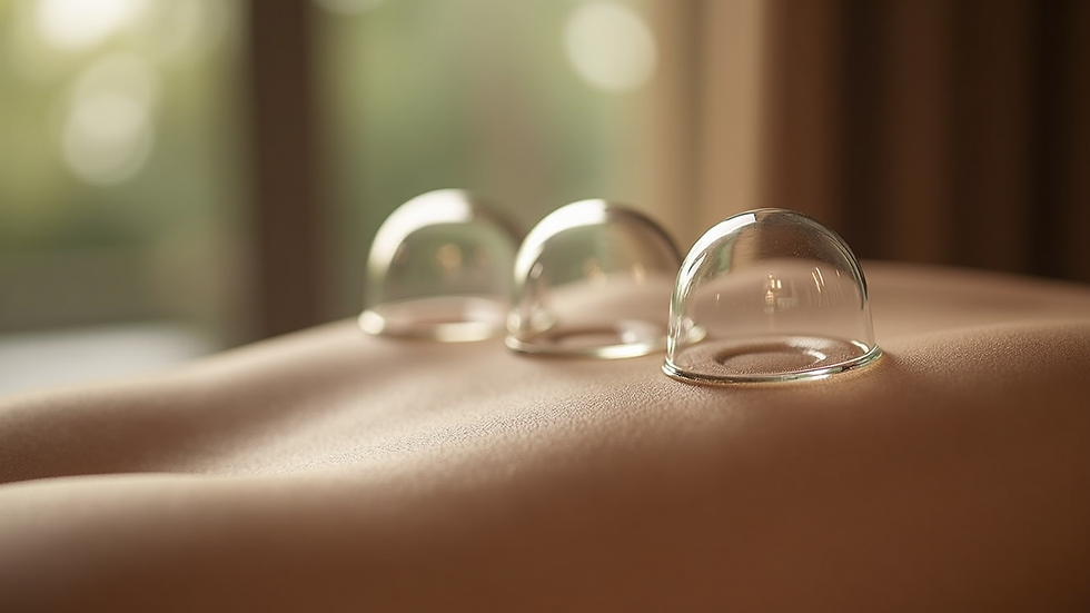 Close-up view of glass cups placed on a back for cupping therapy