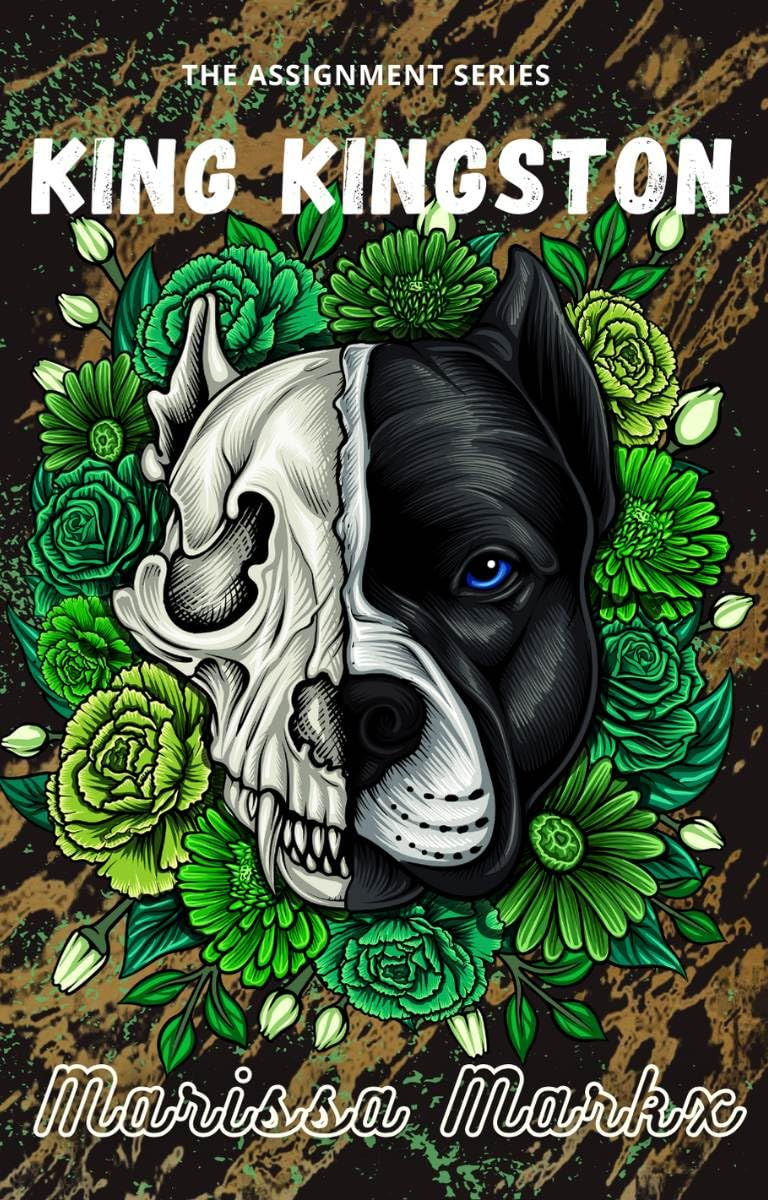 Half dog face, half skull surrounded by pink flowers on dark background. Text: The Assignment Series, Cane Naughty, Marissa Markx.