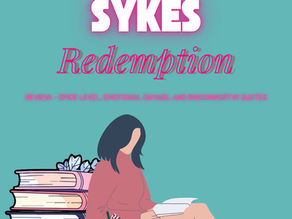 Illustration of a woman reading with a pink drink beside stacked books. Background text: Julia Sykes, Redemption, and a review quote.