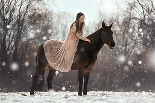 Pferdeshooting im Schnee – innige Verbindung zwischen Frau und Pferd im Winterlicht