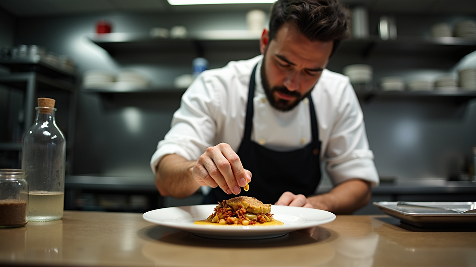 Eye-level view of Chef Paulo preparing a dish in his kitchen