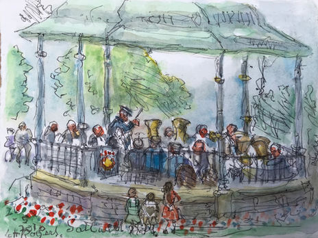 This painting by Charlie Rogers, from May 2010, shows a brass band performance at the bandstand in Saltwell Park Gateshead