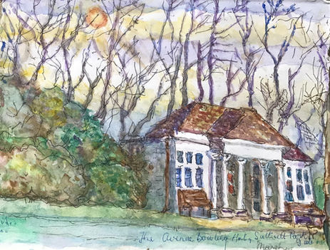 The Avenue Bowling Pavilion shown here that was destroyed by arsonists in 2022 at Saltwell Park in Gateshead. Painting by Charlie Rogers