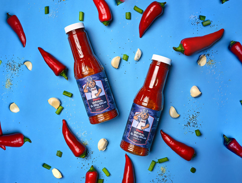 Red, White and Big Blue Q sauce product photoshoot