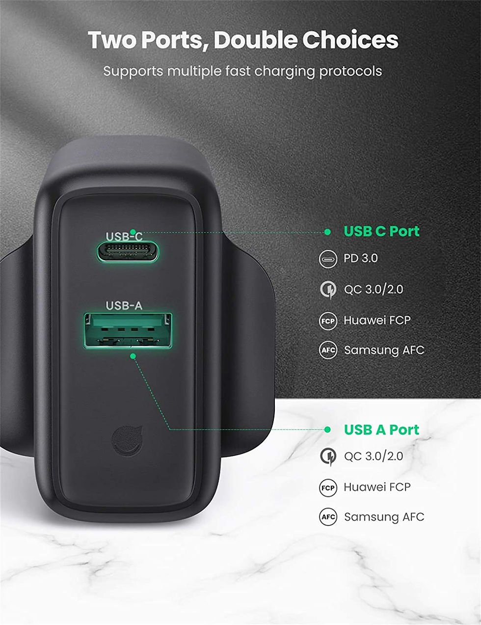 Thumbnail: UGREEN USB C Plug Charger, 36W 2-Port PD Fast Charger QC3.0 USB Wall Charger