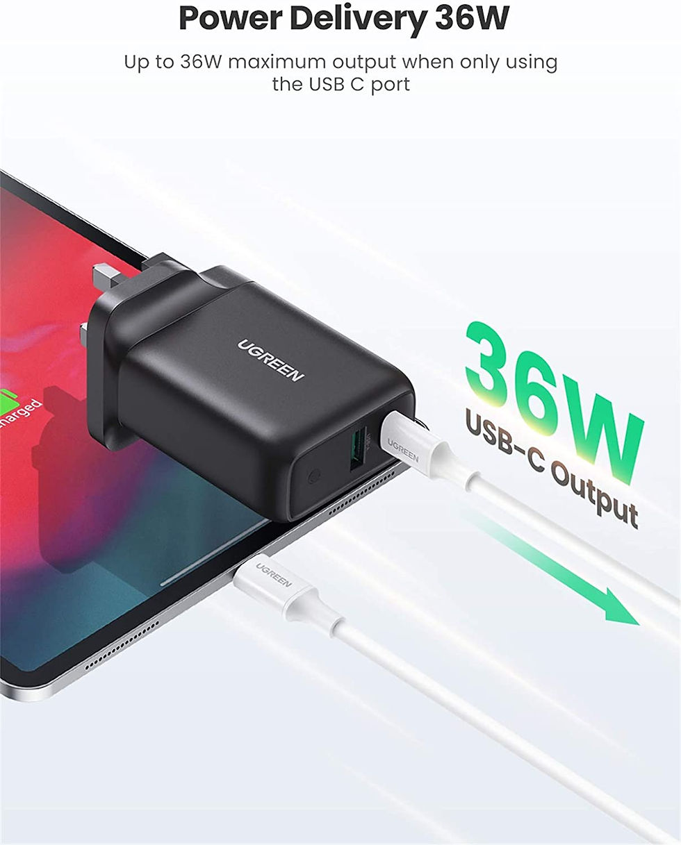 Thumbnail: UGREEN USB C Plug Charger, 36W 2-Port PD Fast Charger QC3.0 USB Wall Charger