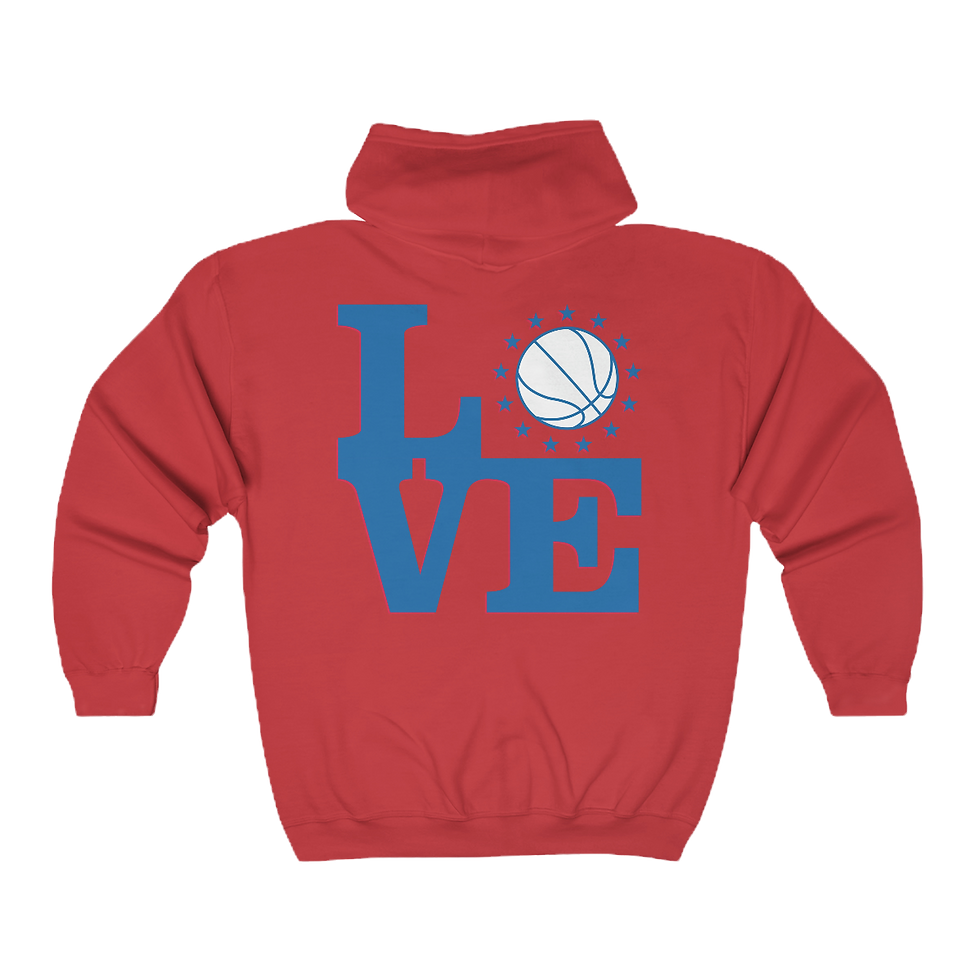 Red Philadelphia basketball LOVE statue zip hoodie with blue design back view