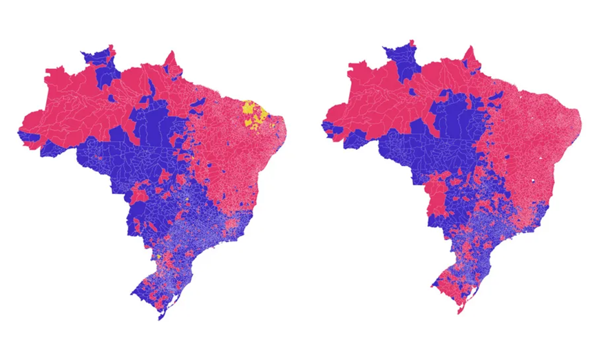 Mapas de votação por município de 2018 e 2022. — Foto: Arte O Globo