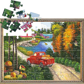 Puzzle picture of a red truck driving down a dirt road to a cabin.