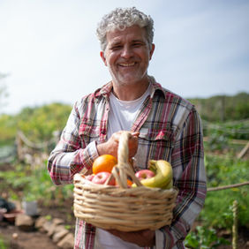 Senior man holding a basket of fresh fruit