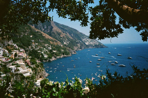 Boat-lined Positano bay.