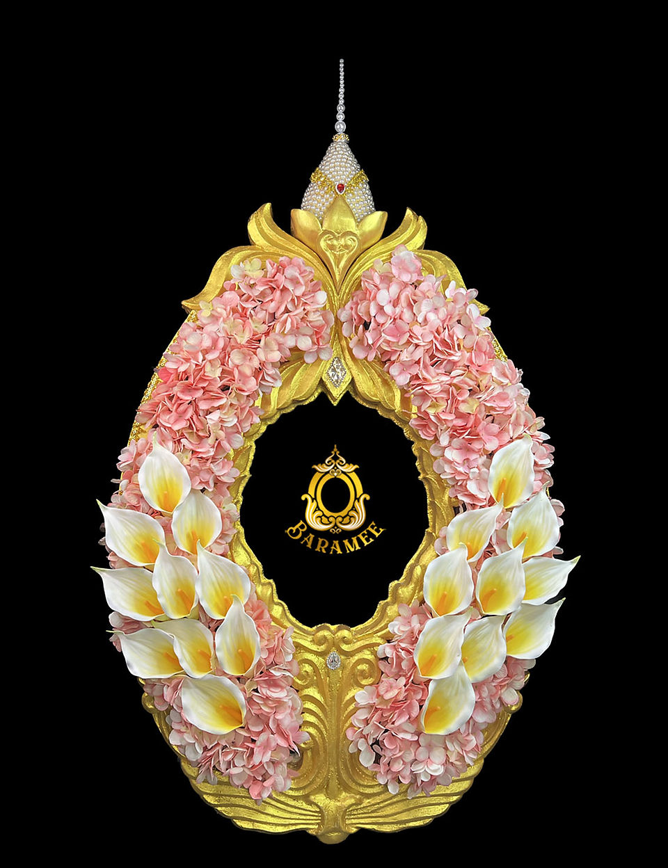พวงหรีดสีชมพูเหลืองขาว พวงหรีดบารมี พวงหรีด ESG