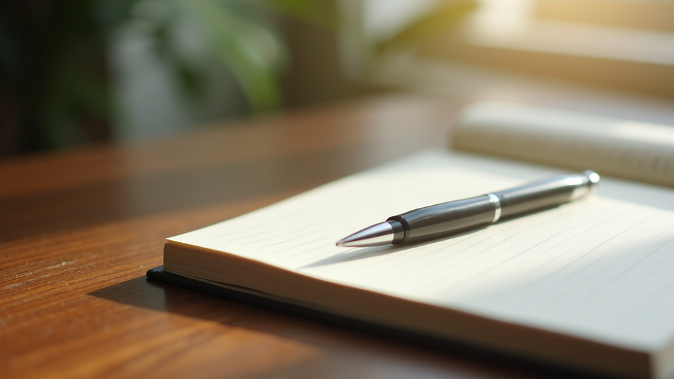 Close-up view of a journal and pen on a wooden table with soft natural light