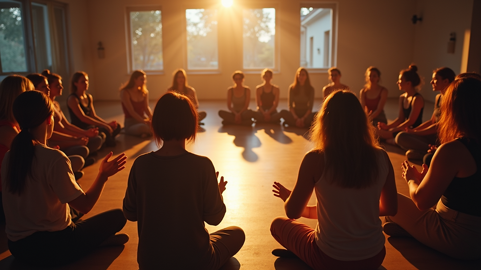 Wide angle view of a circle of people participating in a rhythm workshop