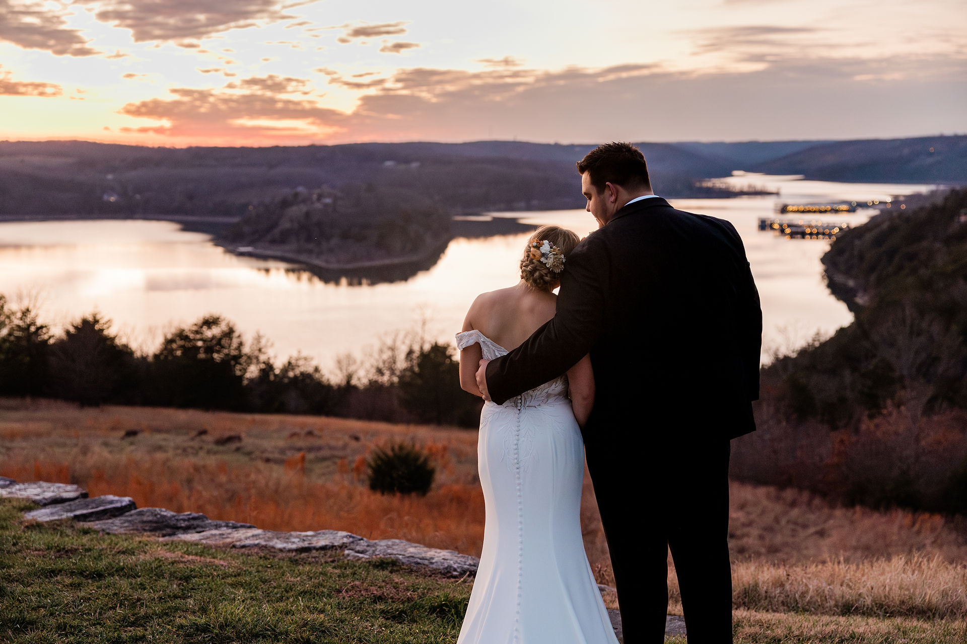 Romantic sunset reflection over Table Rock Lake during wedding portraits