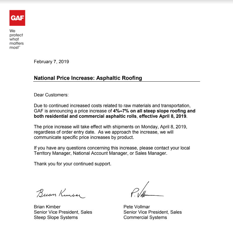 Shingle Price Increase Letter from GAF for roof replacements