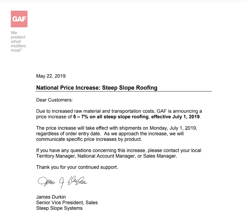 Shingle Price Increase Letter from GAF for roof replacements