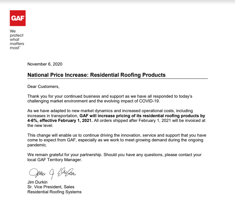Shingle Price Increase Letter from GAF for roof replacements