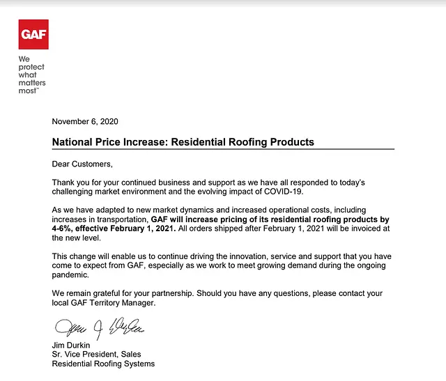 Shingle Price Increase Letter from GAF for roof replacements