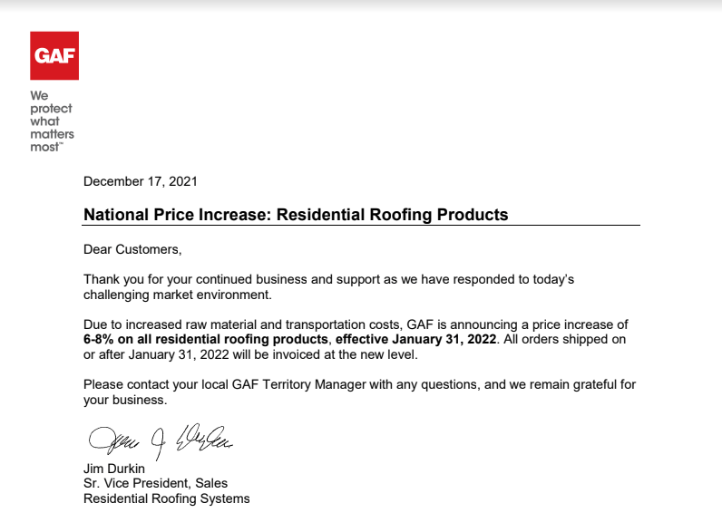 Shingle Price Increase Letter from GAF for roof replacements