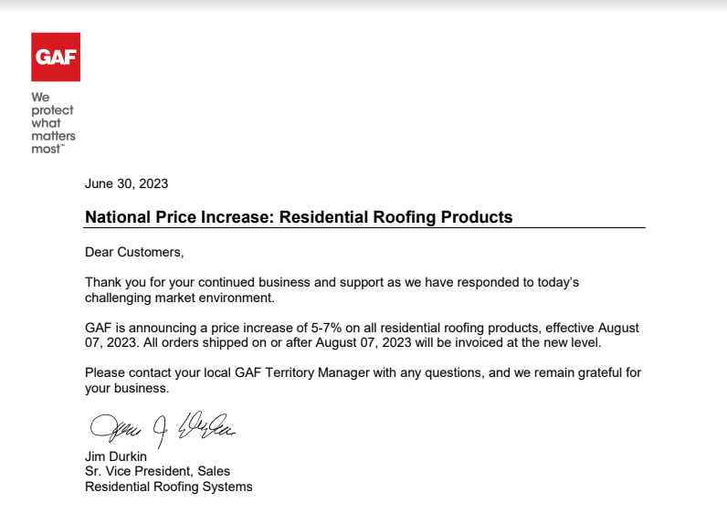 Shingle Price Increase Letter from GAF for roof replacements