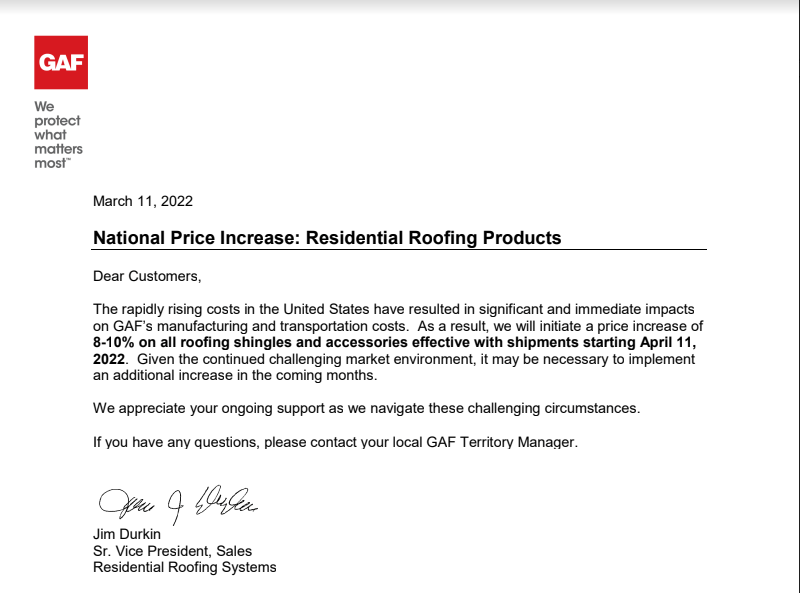Shingle Price Increase Letter from GAF for roof replacements