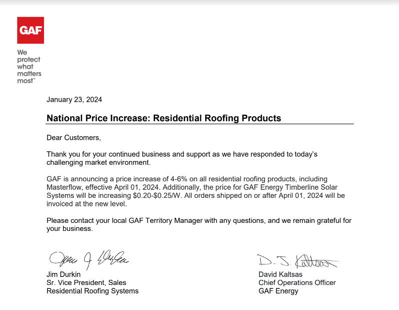 Shingle Price Increase Letter from GAF for roof replacements