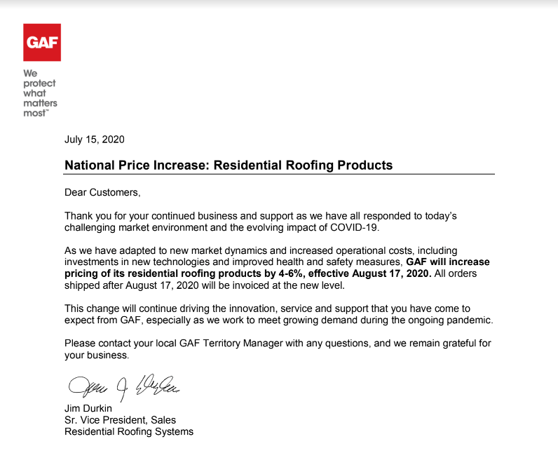 Shingle Price Increase Letter from GAF for roof replacements