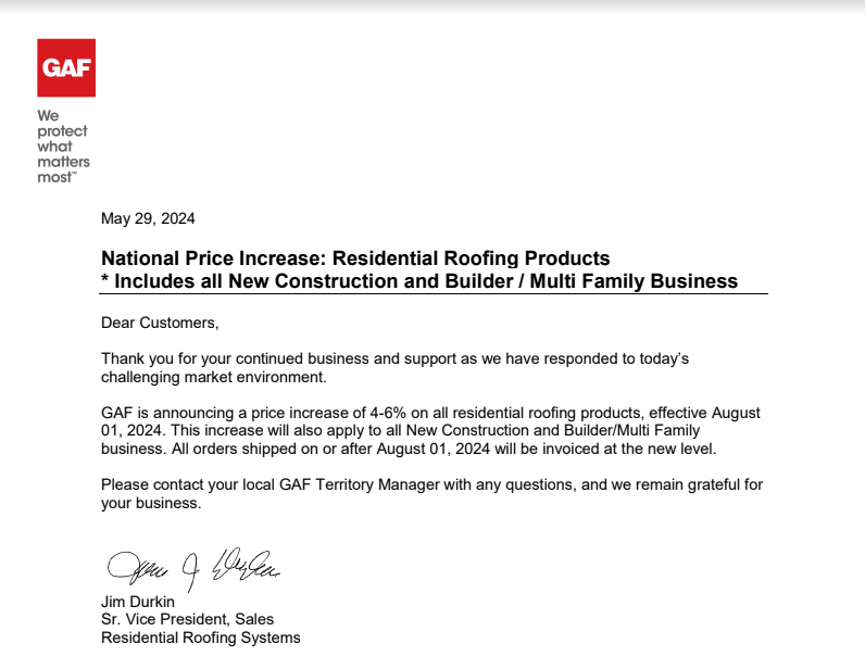 Shingle Price Increase Letter from GAF for roof replacements