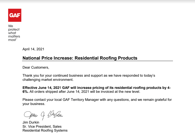 Shingle Price Increase Letter from GAF for roof replacements