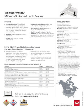 GAF's Weather Watch Ice and Water Shield Information Sheet for roof replacement