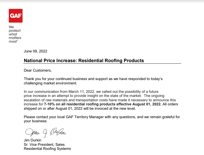 Shingle Price Increase Letter from GAF for roof replacements