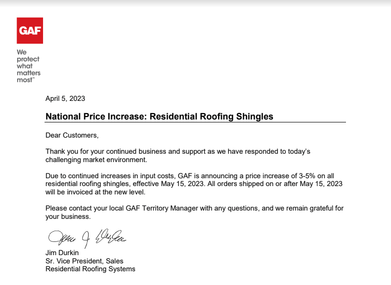 Shingle Price Increase Letter from GAF for roof replacements