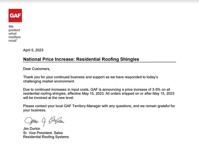 Shingle Price Increase Letter from GAF for roof replacements