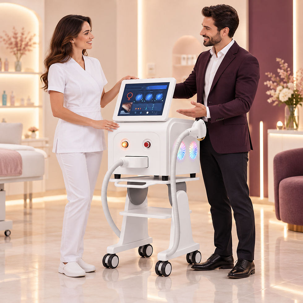 Dois profissionais junto de um equipamento de estética.