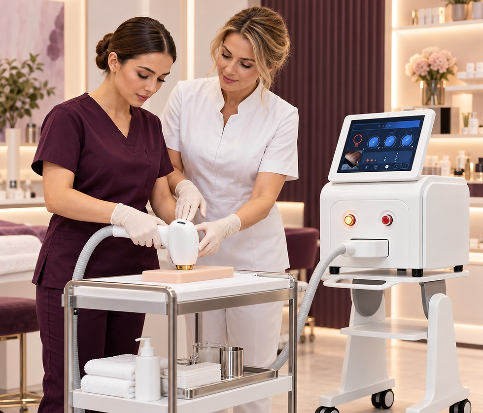Demonstração da utilização de um equipamento de estética durante uma formação.