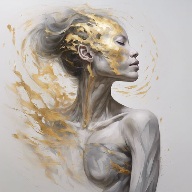 a human shedding her skin to emerge out as radiant, showing the process of her letting go 