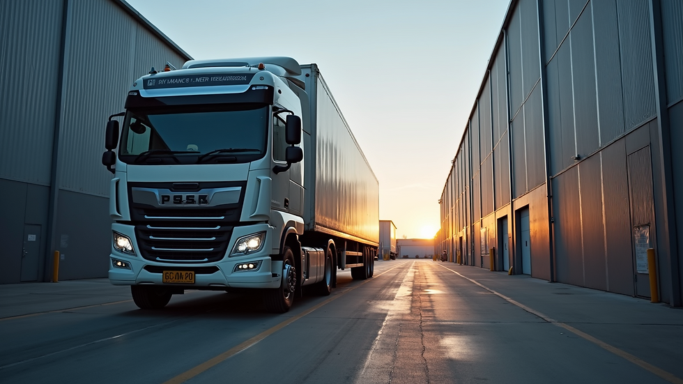 Eye-level view of a large freight truck parked at a Melbourne warehouse