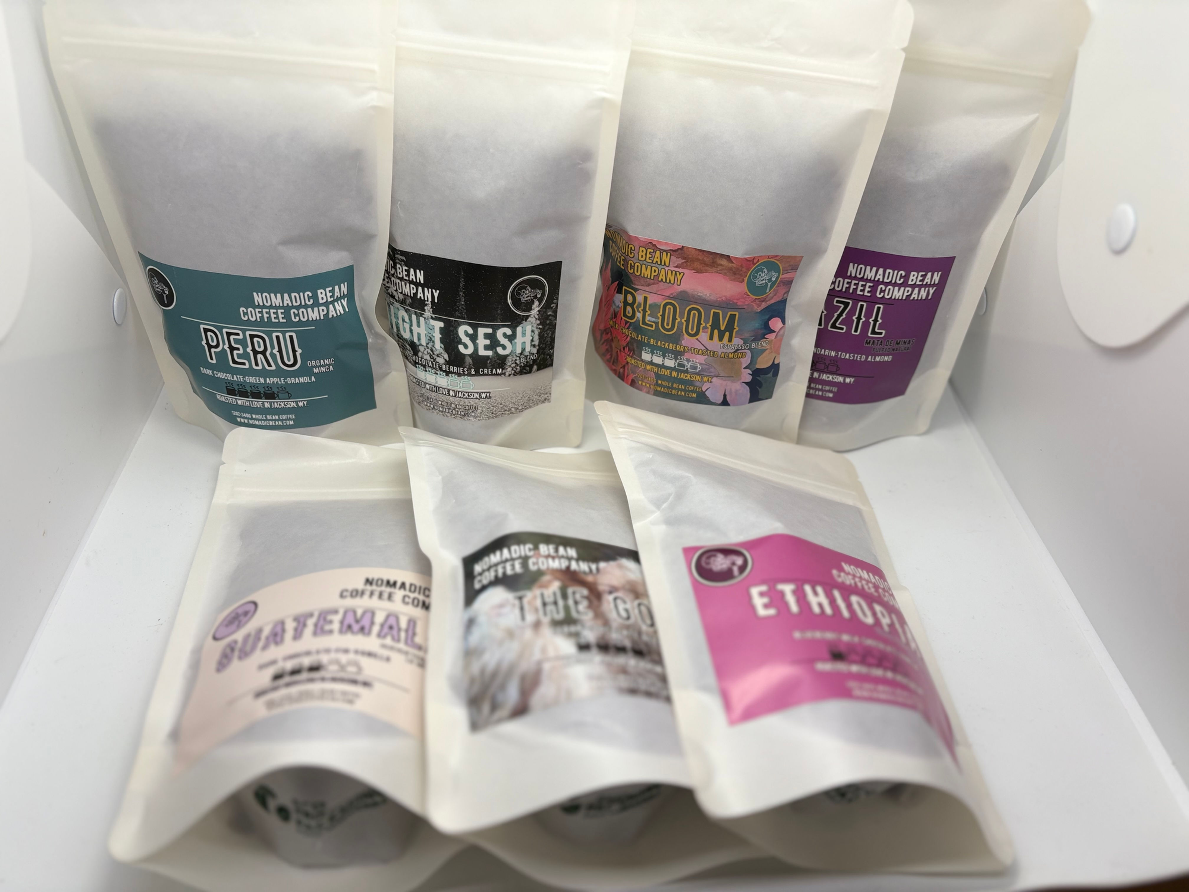 Nomadic Bean coffee bags including Colombia Antioquia