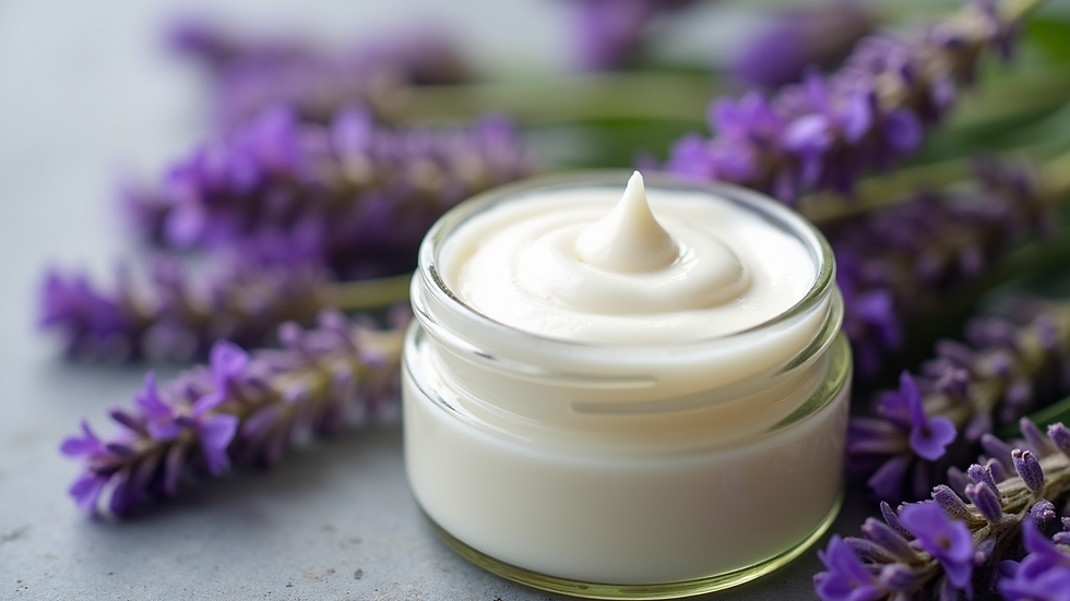 Close-up view of a jar filled with homemade herbal lotion surrounded by fresh lavender flowers