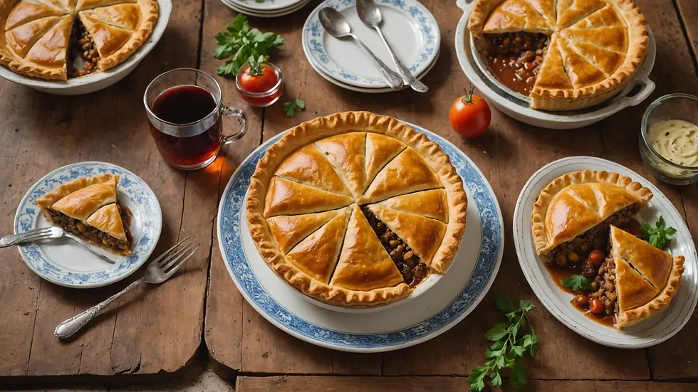 High angle view of a rustic table set with traditional Kefalonian meat pie