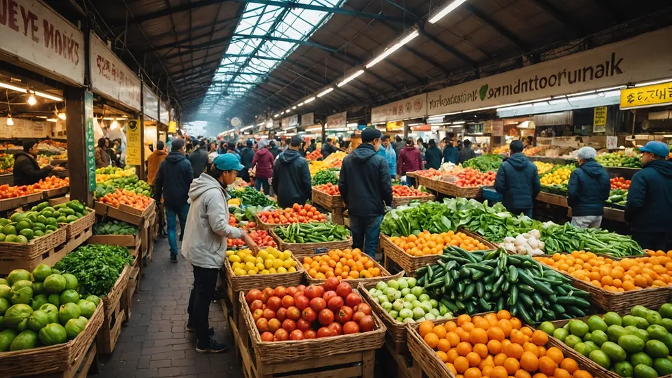 Eye-level view of a bustling local market filled with fresh produce