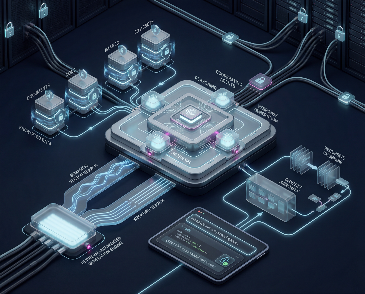 Diagram of a local agentic knowledge system using LLMs and vector search.