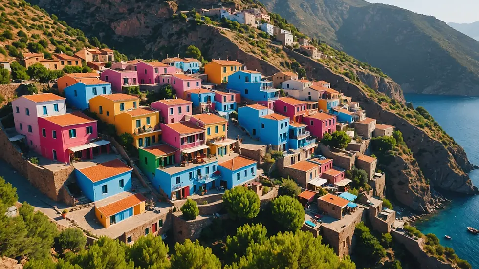 High angle view of Assos Village with its colorful houses